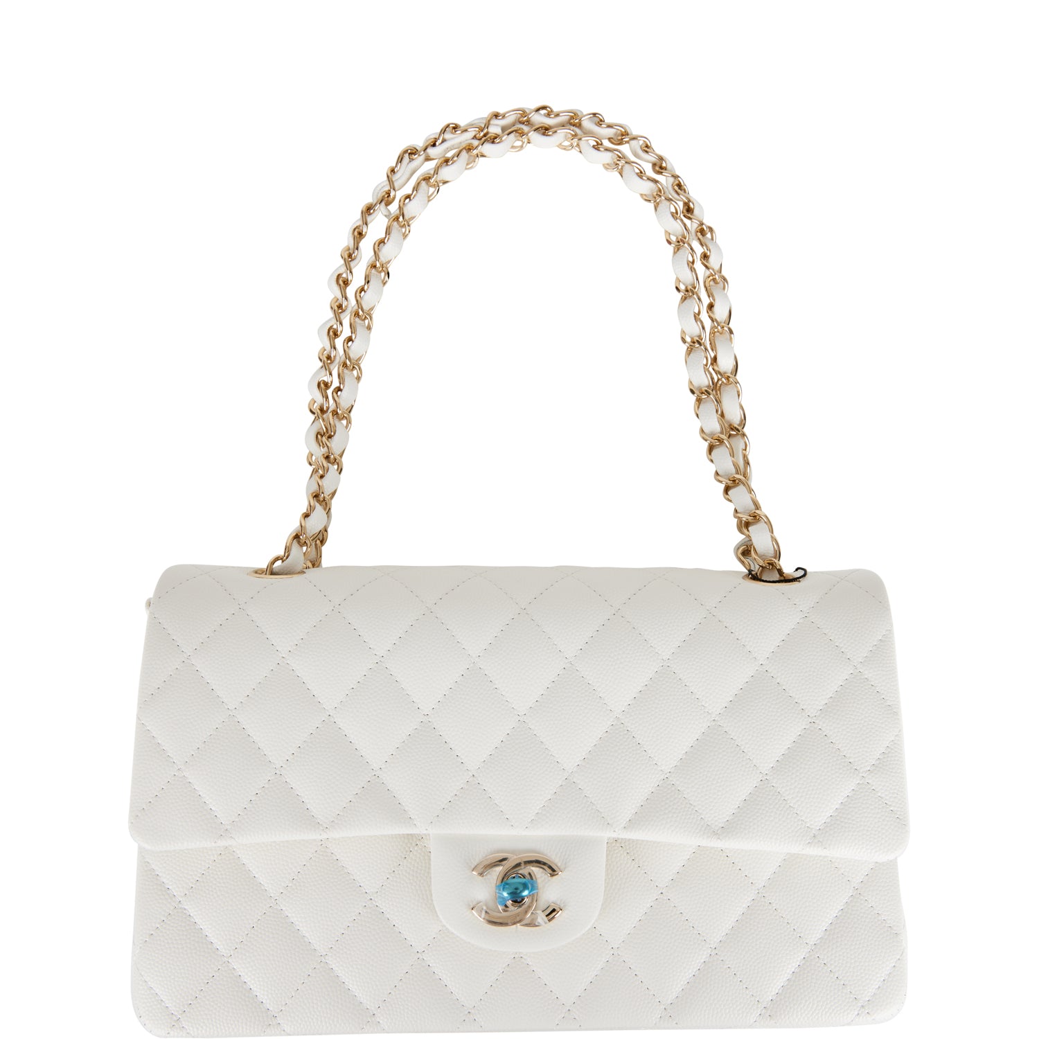 Chanel Medium Classic Double Flap Bag White Quilted Caviar Light Gold Hardware