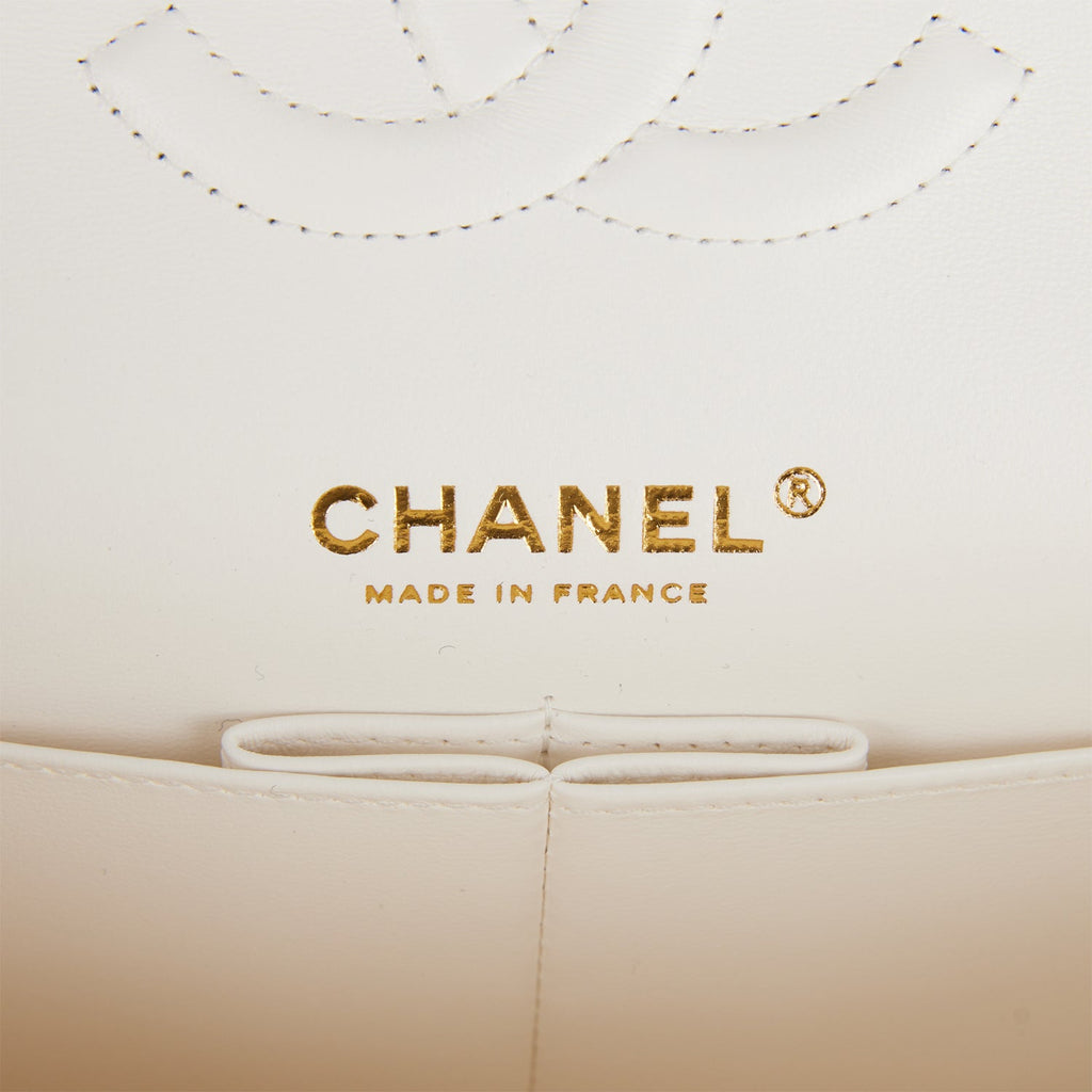 Chanel Medium Classic Double Flap Bag White Quilted Caviar Light Gold Hardware