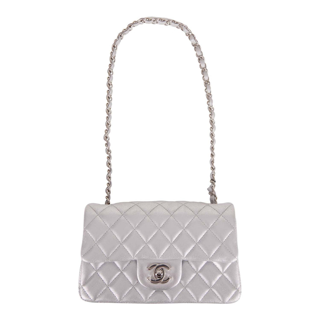 Chanel Mini Rectangular Flap Bag Silver Iridescent Lambskin Silver Hardware
