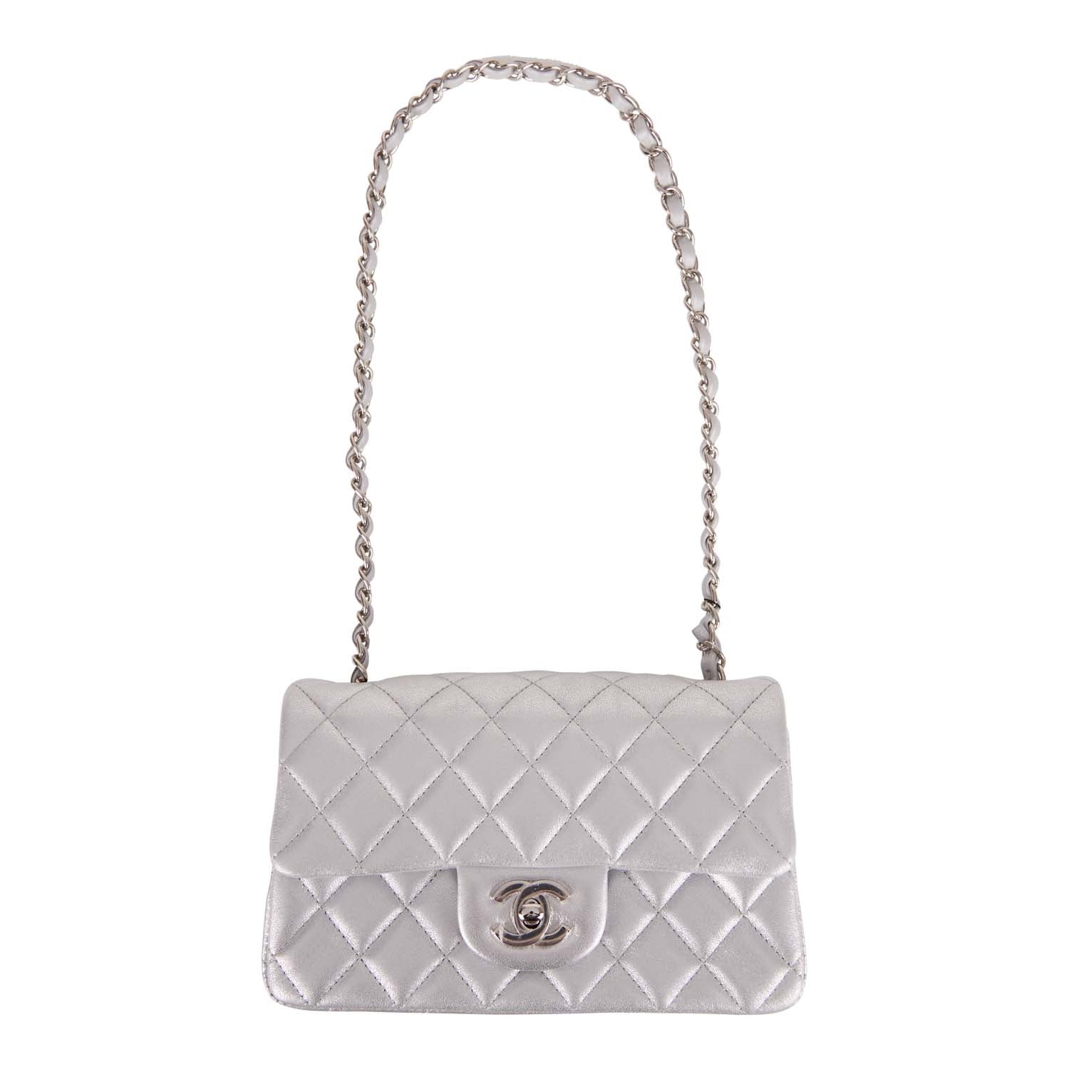 Chanel Mini Rectangular Flap Bag Silver Iridescent Lambskin Silver Hardware