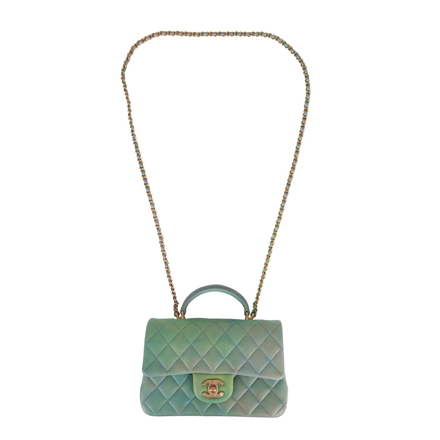 Chanel Mini Rectangular Flap Bag with Top Handle Green Ombre Lambskin Antique Gold Hardware