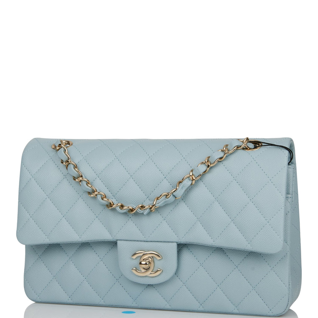 Chanel Medium Classic Double Flap Bag Blue Quilted Caviar Light Gold Hardware