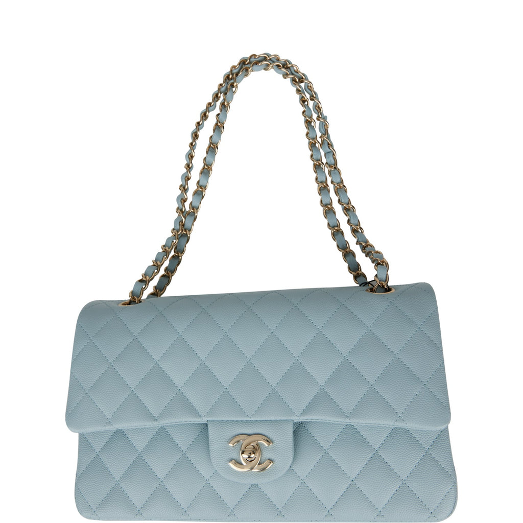 Chanel Medium Classic Double Flap Bag Blue Quilted Caviar Light Gold Hardware