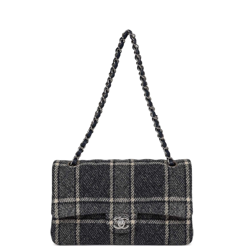 Chanel Medium Classic Double Flap Bag Navy Tweed Silver Hardware