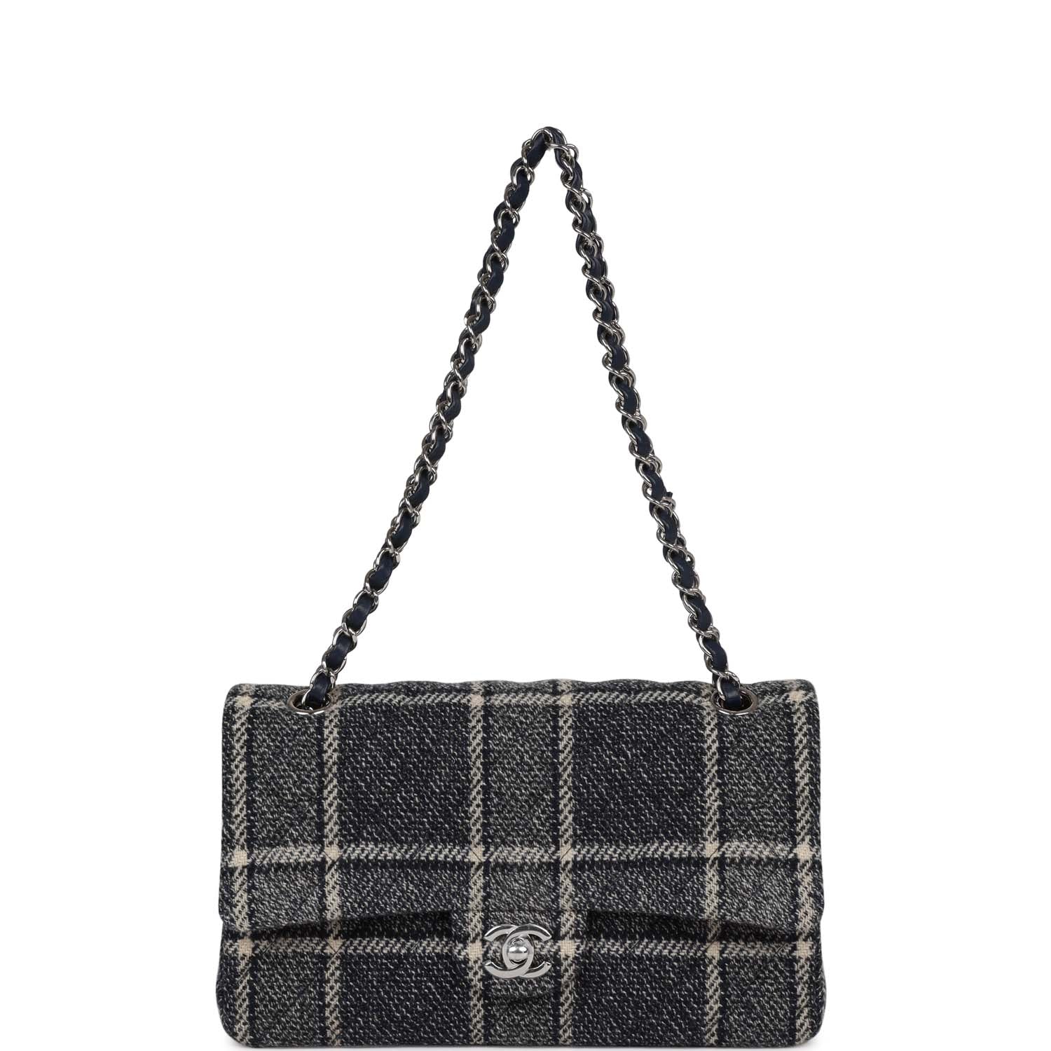 Chanel Medium Classic Double Flap Bag Navy Tweed Silver Hardware