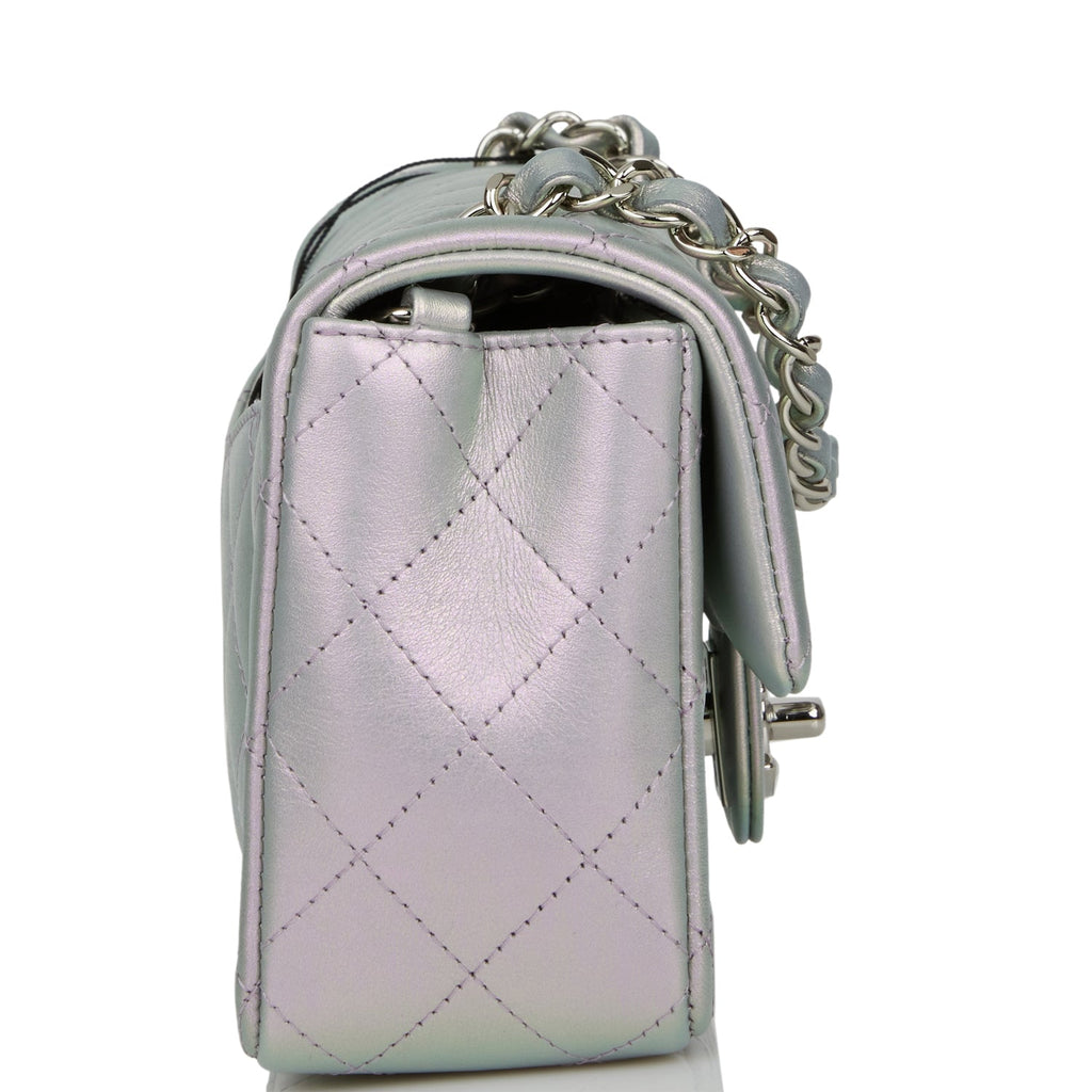 Chanel Mini Rectangular Flap Bag Purple Iridescent Quilted Lambskin Silver Hardware