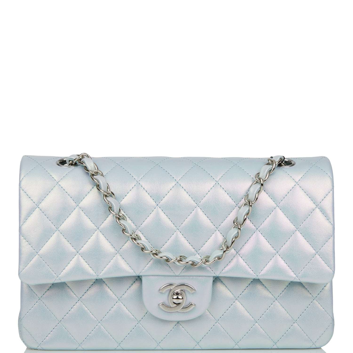 Chanel Medium Classic Double Flap Bag Blue Iridescent Lambskin Silver Hardware