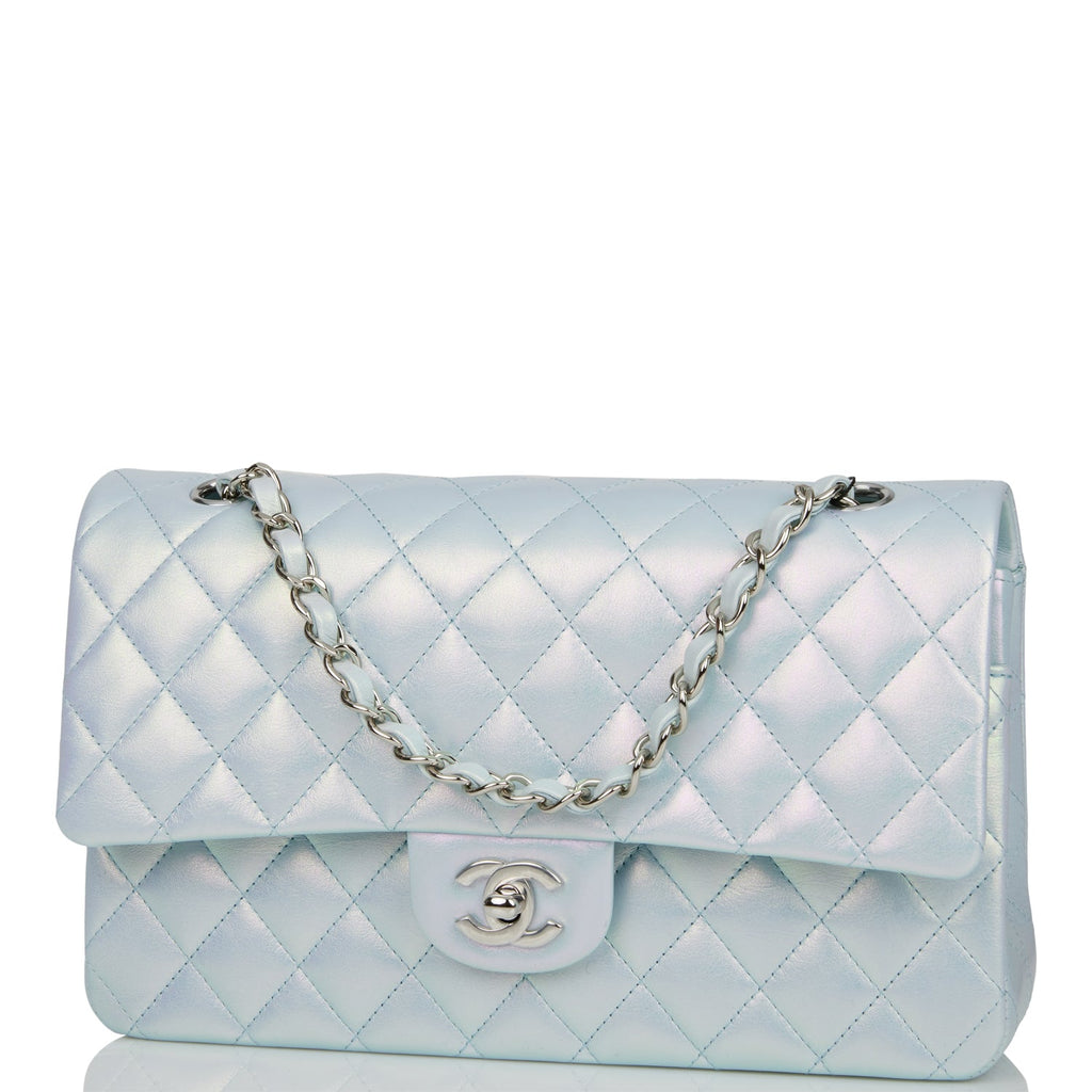 Chanel Medium Classic Double Flap Bag Blue Iridescent Lambskin Silver Hardware