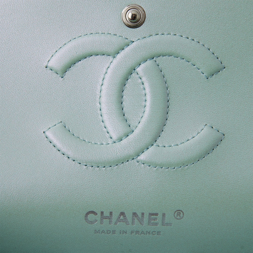 Chanel Medium Classic Double Flap Bag Blue Iridescent Lambskin Silver Hardware