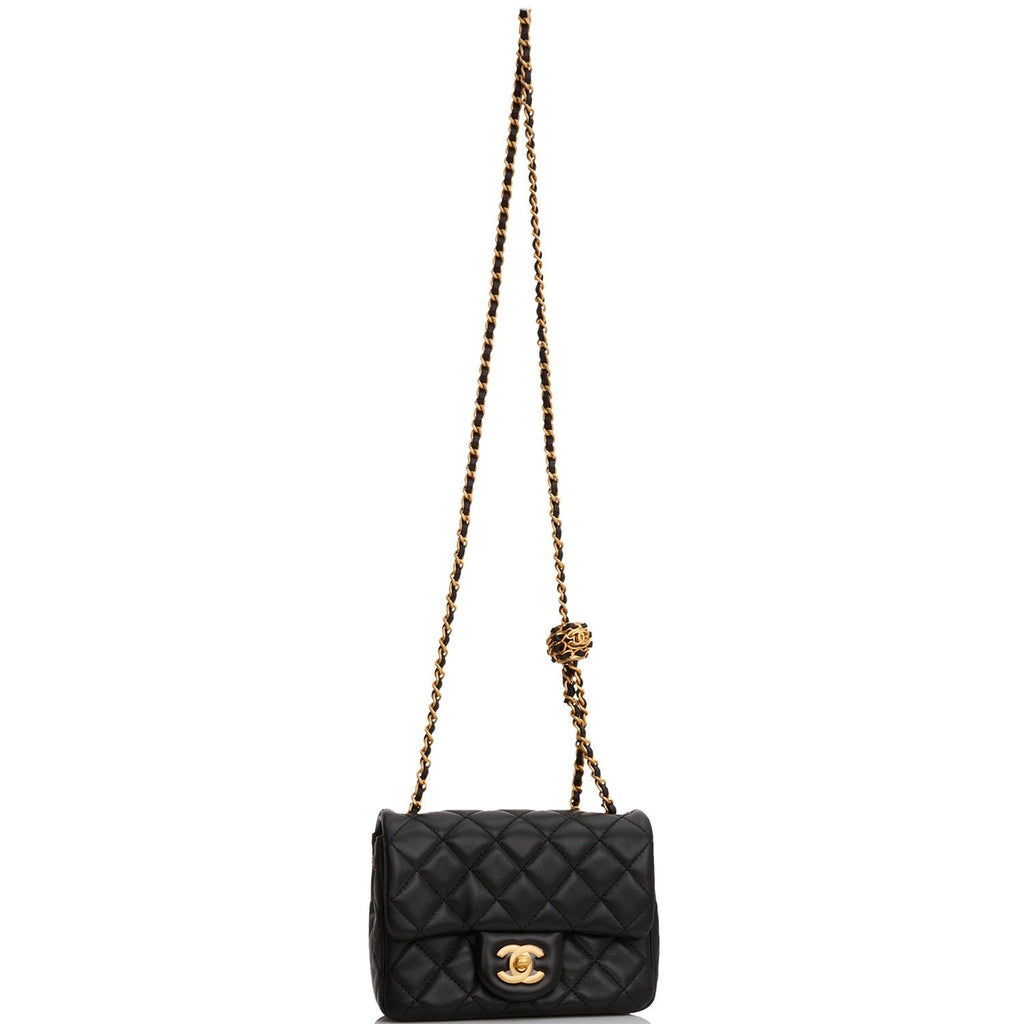 Chanel Pearl Crush Mini Square Flap Bag Black Lambskin Antique Gold Hardware