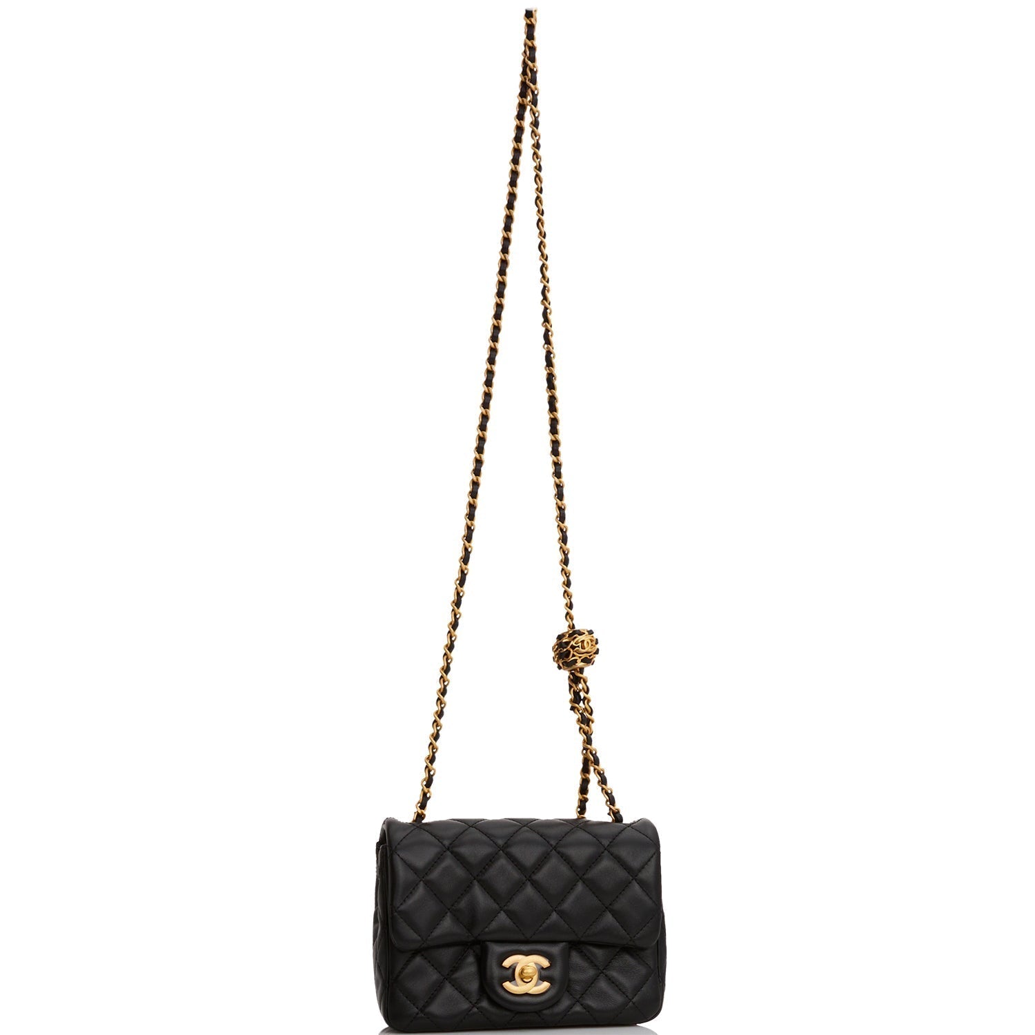 Chanel Pearl Crush Mini Square Flap Bag Black Lambskin Antique Gold Hardware