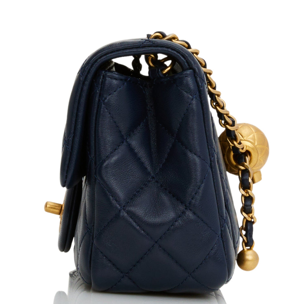 Chanel Pearl Crush Mini Square Flap Bag Navy Blue Lambskin Antique Gold Hardware