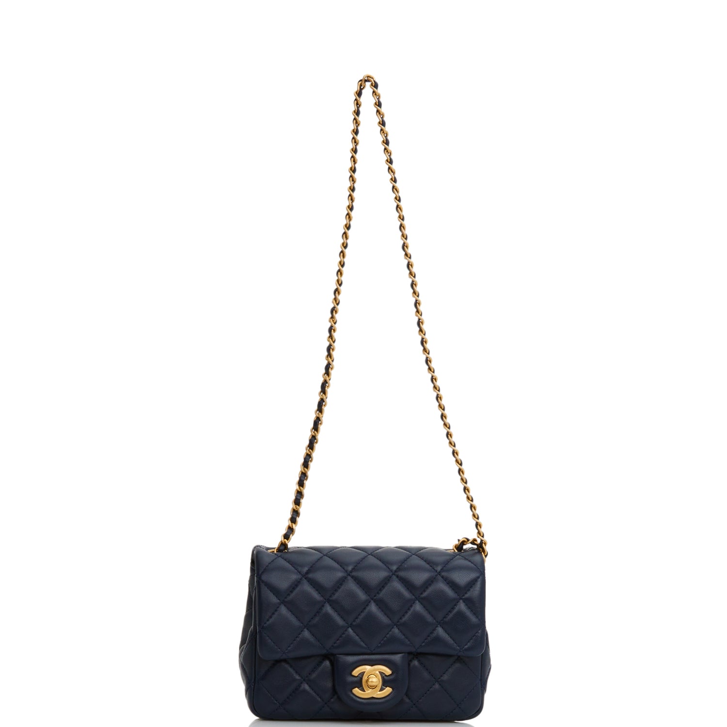 Chanel Pearl Crush Mini Square Flap Bag Navy Blue Lambskin Antique Gold Hardware
