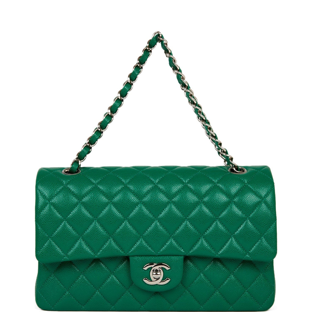 Chanel Medium Classic Double Flap Bag Green Caviar Silver Hardware