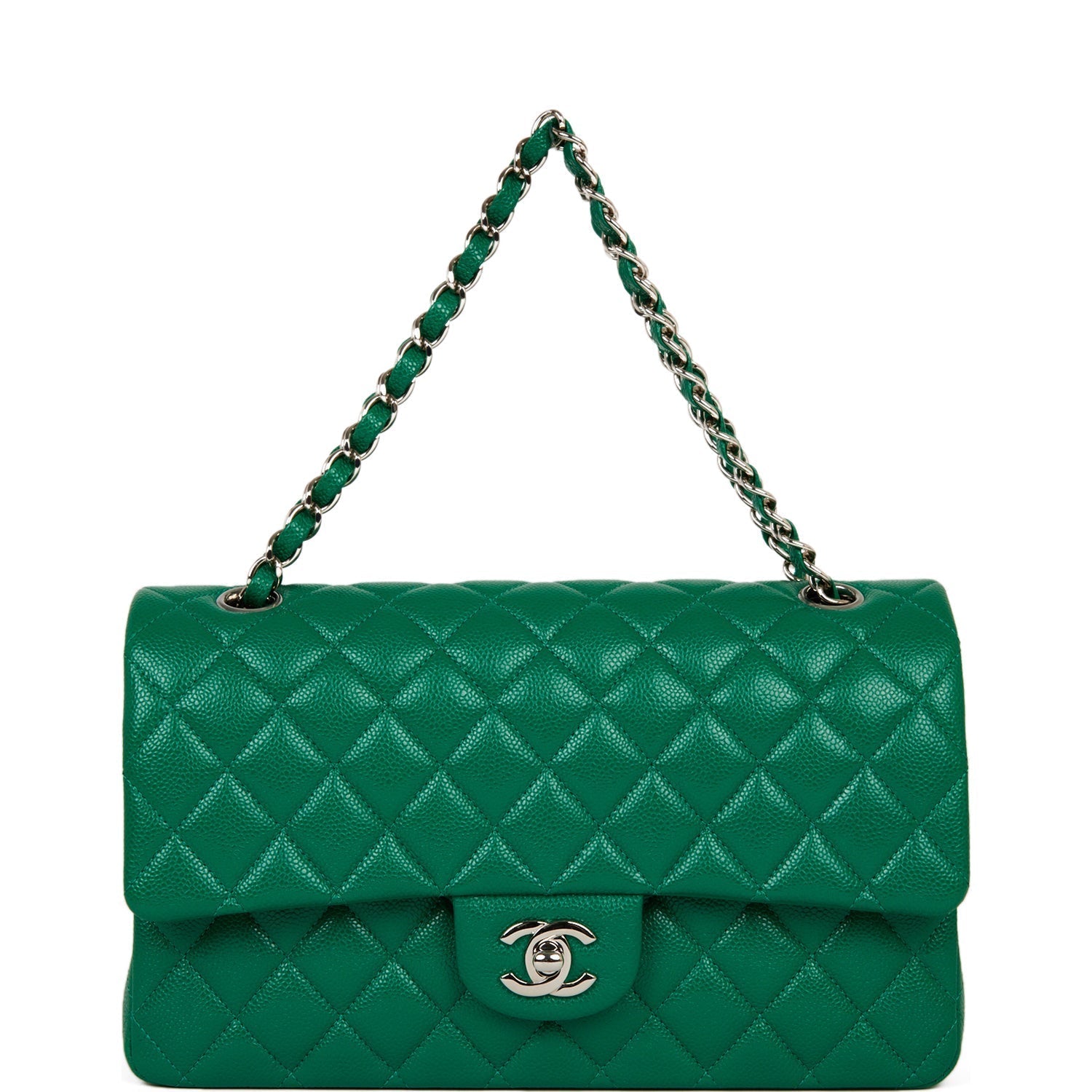 Chanel Medium Classic Double Flap Bag Green Caviar Silver Hardware