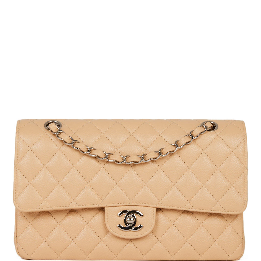Chanel Medium Classic Double Flap Bag Beige Caviar Silver Hardware