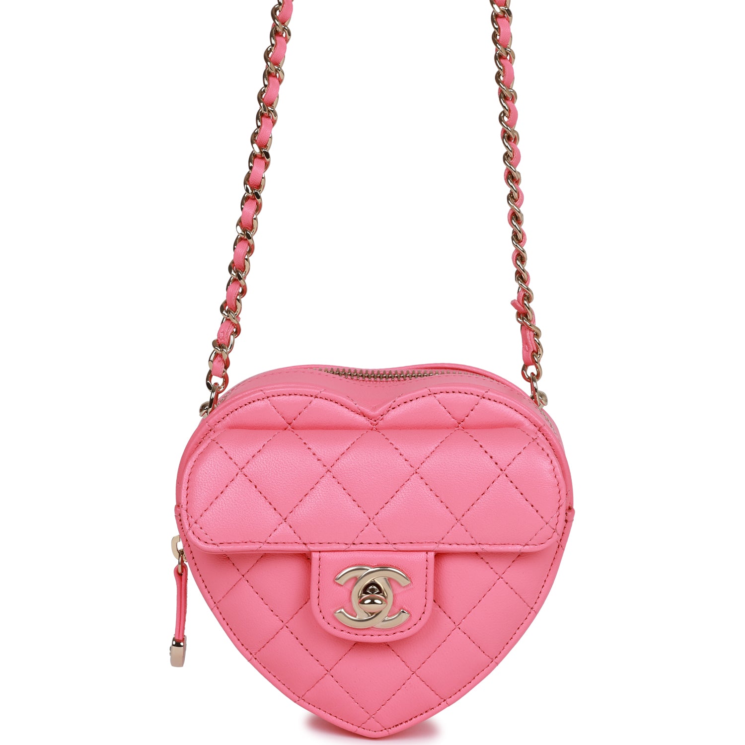 Chanel CC In Love Heart Necklace Bag Pink Lambskin Light Gold Hardware