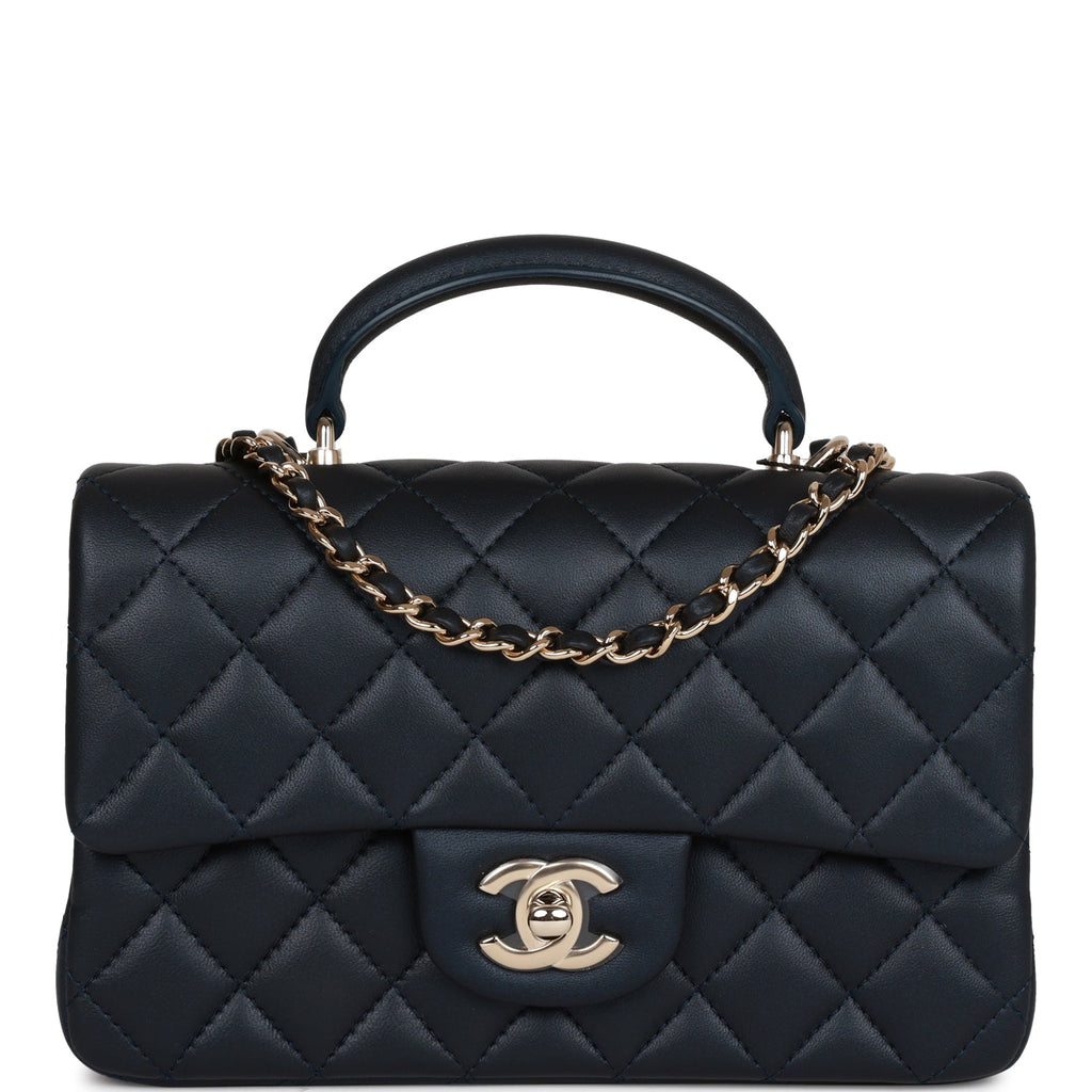 Chanel Mini Rectangular Flap Bag with Top Handle Dark Blue Lambskin Light Gold Hardware