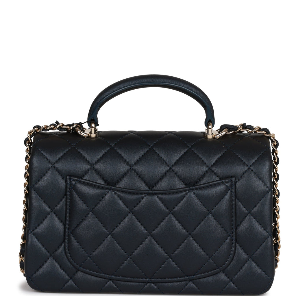 Chanel Mini Rectangular Flap Bag with Top Handle Dark Blue Lambskin Light Gold Hardware