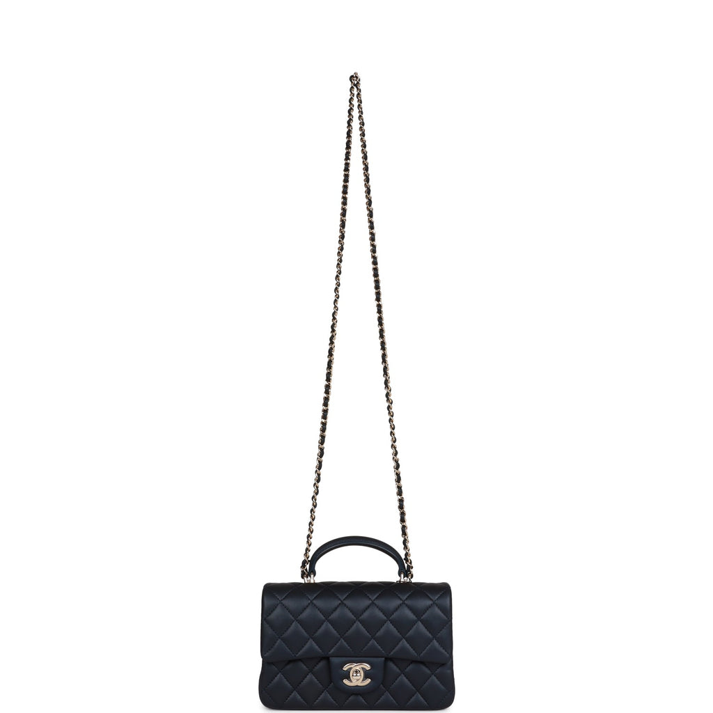 Chanel Mini Rectangular Flap Bag with Top Handle Dark Blue Lambskin Light Gold Hardware