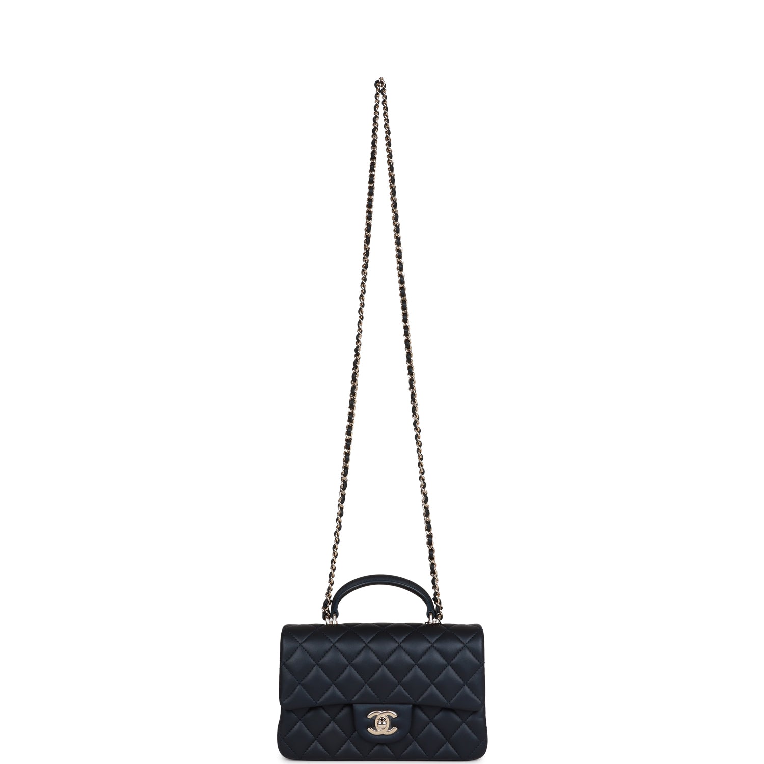Chanel Mini Rectangular Flap Bag with Top Handle Dark Blue Lambskin Light Gold Hardware