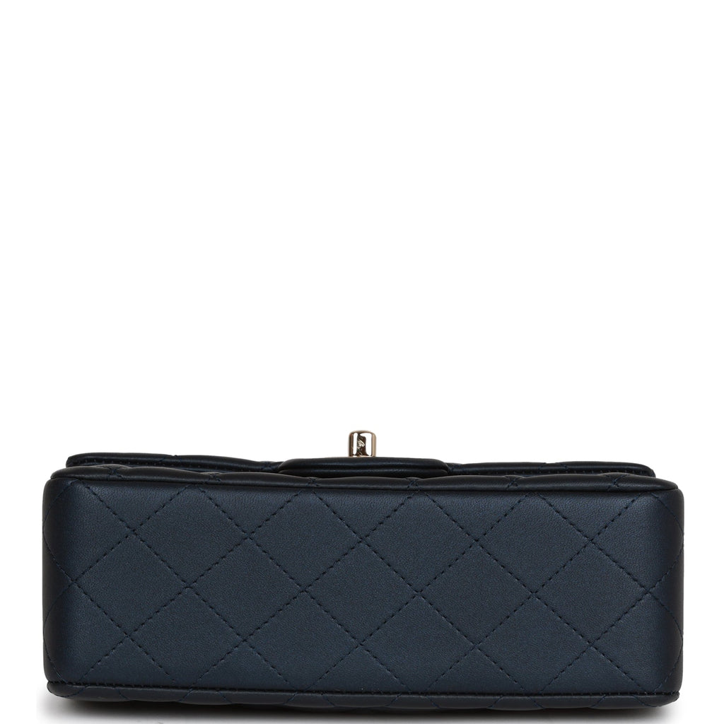 Chanel Mini Rectangular Flap Bag with Top Handle Dark Blue Lambskin Light Gold Hardware