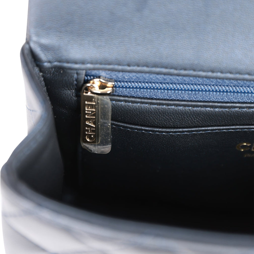 Chanel Mini Rectangular Flap Bag with Top Handle Dark Blue Lambskin Light Gold Hardware