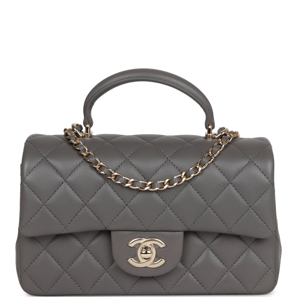 Chanel Mini Rectangular Flap Bag with Top Handle Dark Grey Lambskin Light Gold Hardware