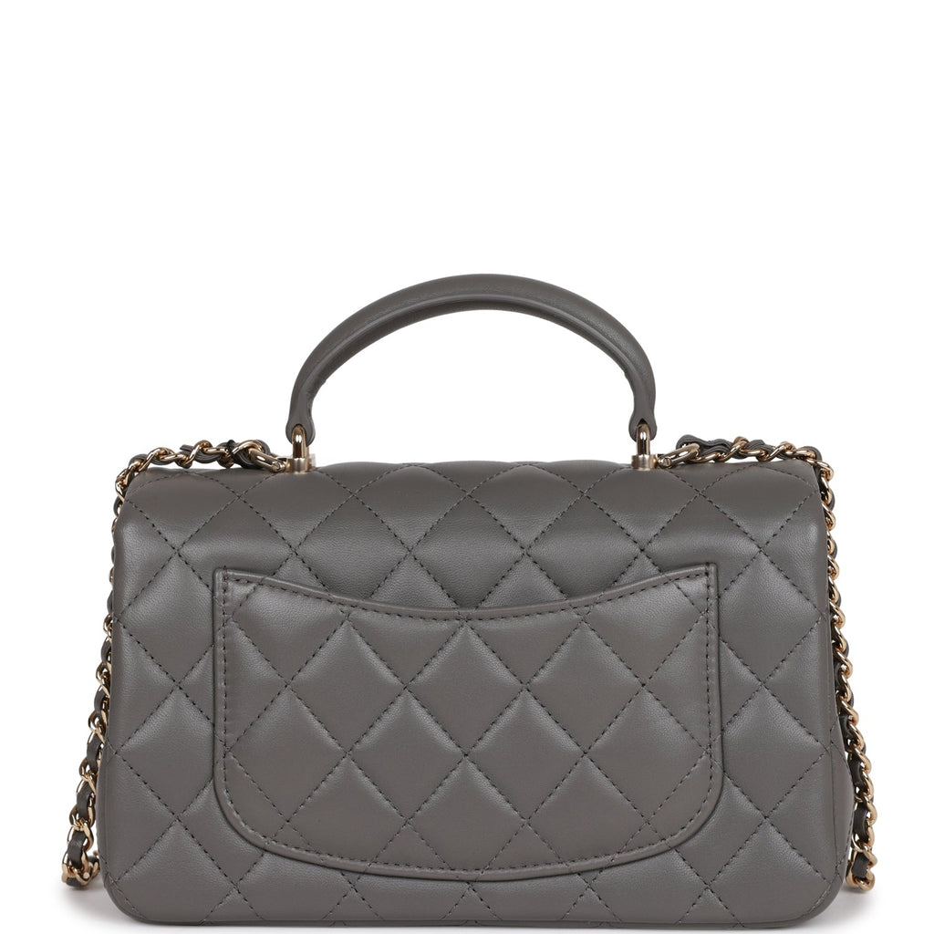 Chanel Mini Rectangular Flap Bag with Top Handle Dark Grey Lambskin Light Gold Hardware