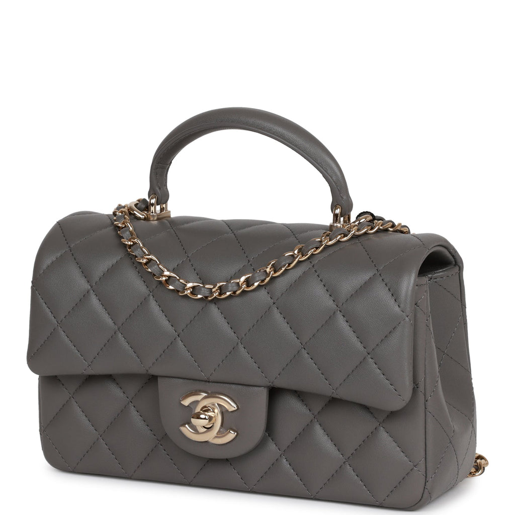 Chanel Mini Rectangular Flap Bag with Top Handle Dark Grey Lambskin Light Gold Hardware