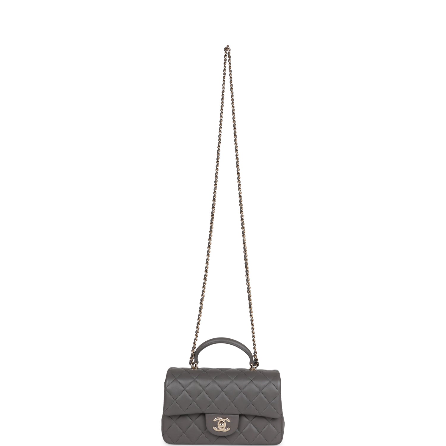 Chanel Mini Rectangular Flap Bag with Top Handle Dark Grey Lambskin Light Gold Hardware