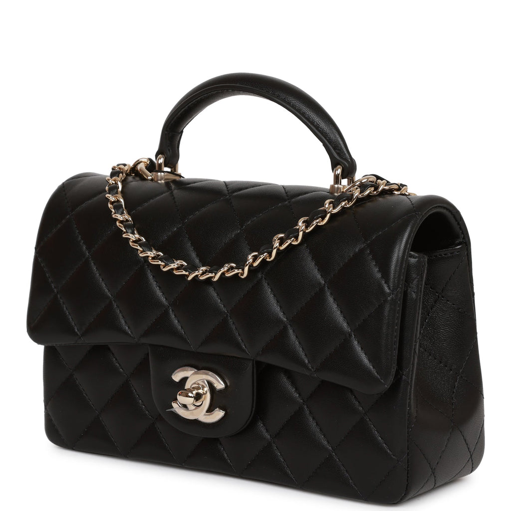 Chanel Mini Rectangular Flap Bag with Top Handle Black Lambskin Light Gold Hardware