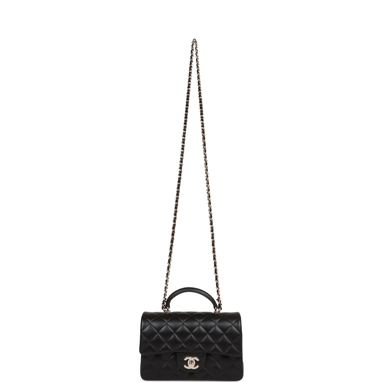 Chanel Mini Rectangular Flap Bag with Top Handle Black Lambskin Light Gold Hardware