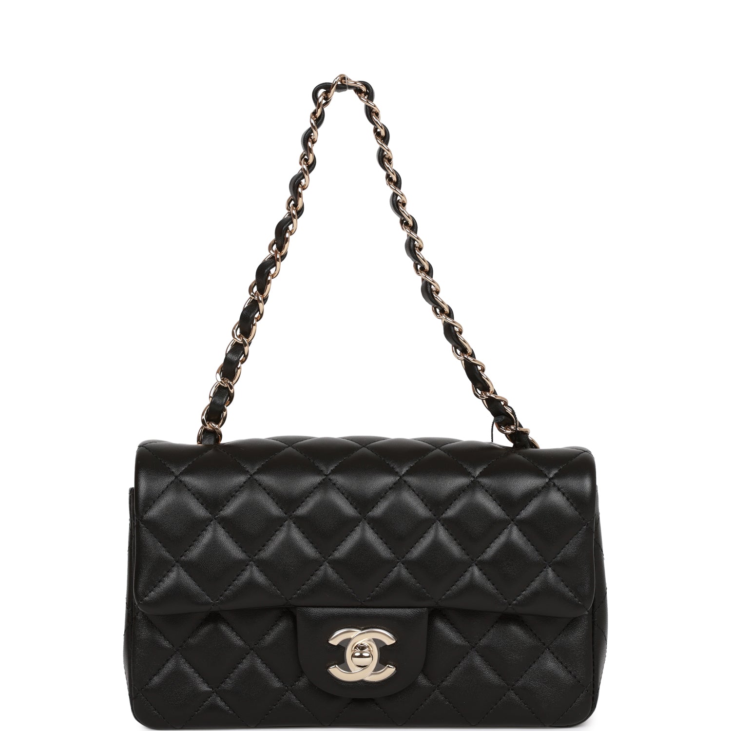 Chanel Mini Rectangular Flap Bag Black Lambskin Light Gold Hardware