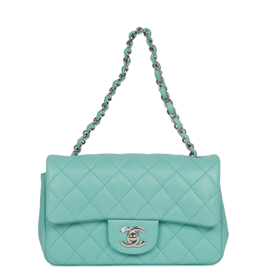 Chanel Mini Rectangular Flap Bag Turquoise Lambskin Silver Hardware