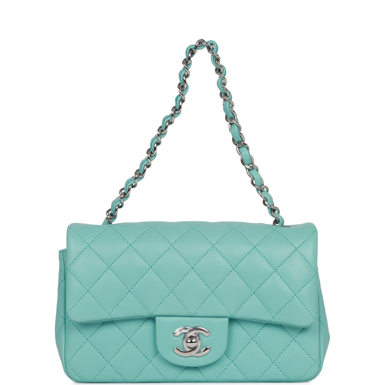Chanel Mini Rectangular Flap Bag Turquoise Lambskin Silver Hardware