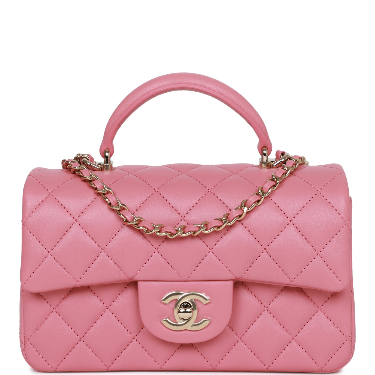 Chanel Mini Rectangular Flap with Top Handle Dark Pink Lambskin Light Gold Hardware