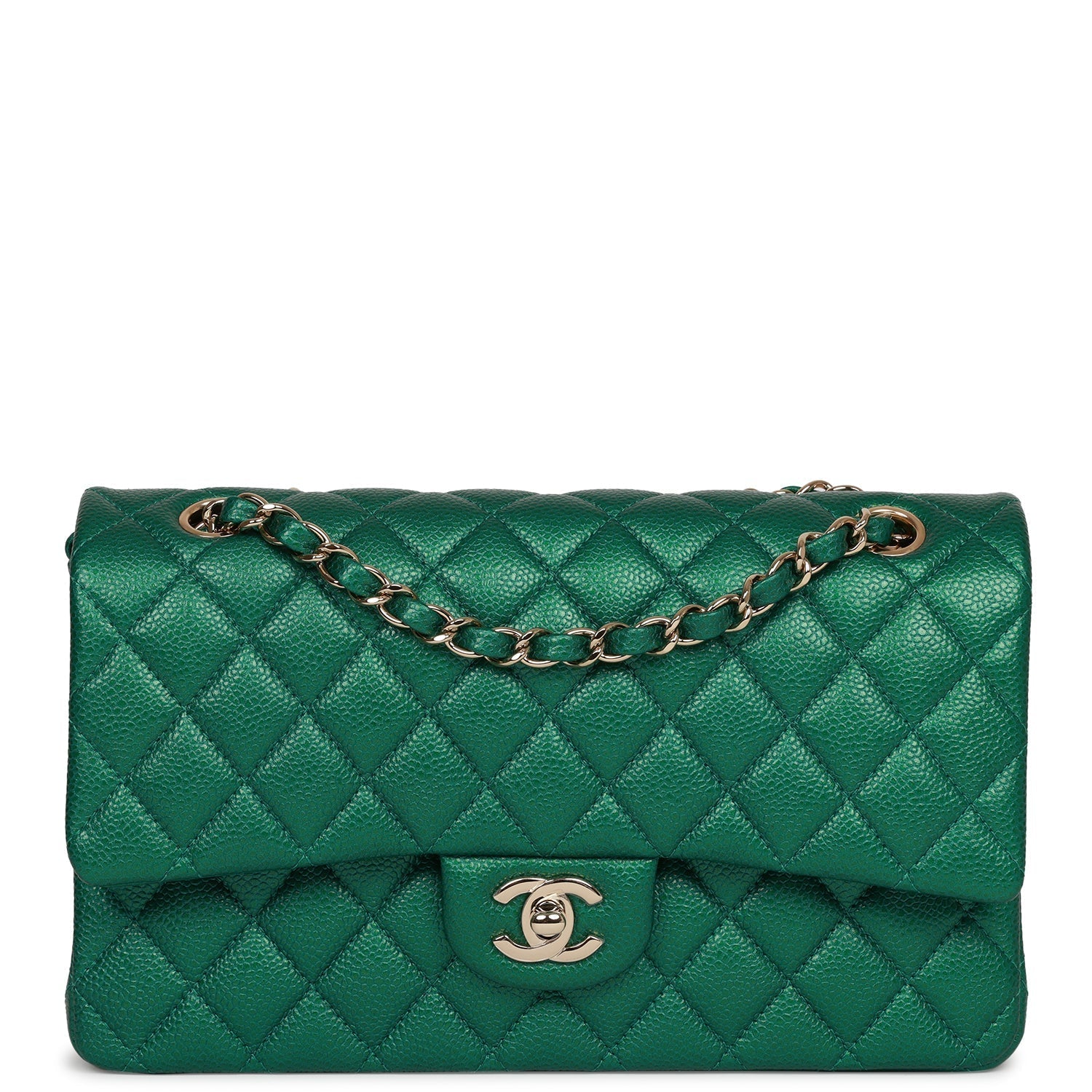 Chanel Medium Classic Double Flap Bag Green Metallic Caviar Light Gold Hardware