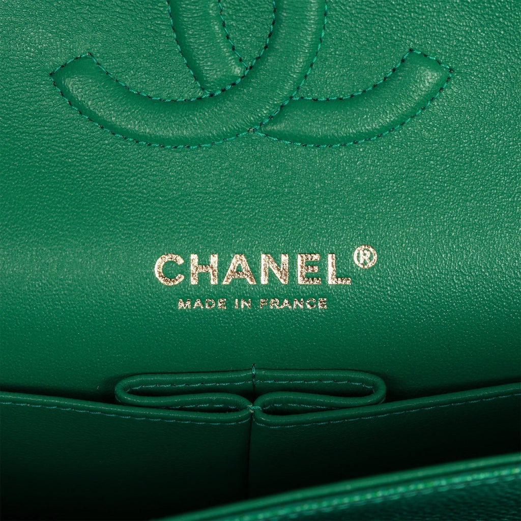 Chanel Medium Classic Double Flap Bag Green Metallic Caviar Light Gold Hardware