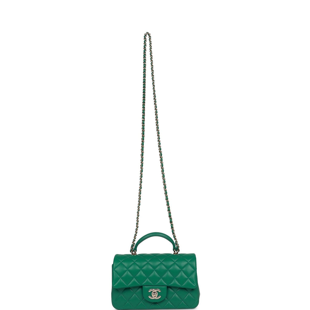 Chanel Mini Rectangular Flap with Top Handle Green Lambskin Light Gold Hardware
