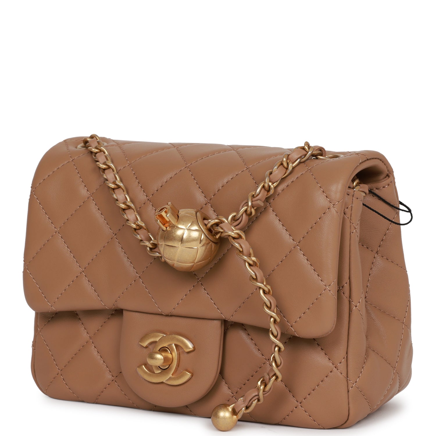 Chanel Pearl Crush Mini Square Flap Bag Beige Lambskin Antique Gold Hardware