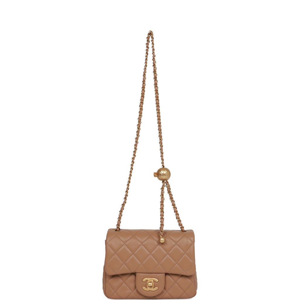 Chanel Pearl Crush Mini Square Flap Bag Beige Lambskin Antique Gold Hardware