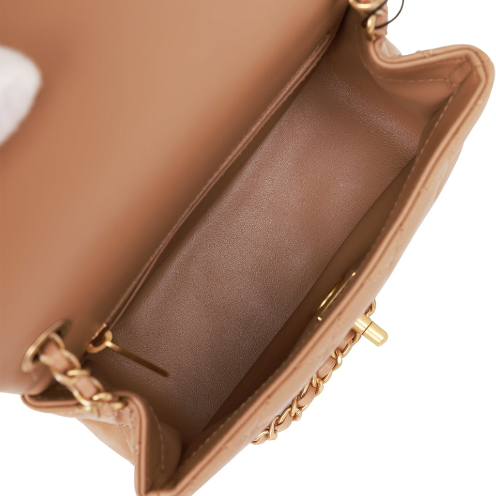Chanel Pearl Crush Mini Square Flap Bag Beige Lambskin Antique Gold Hardware