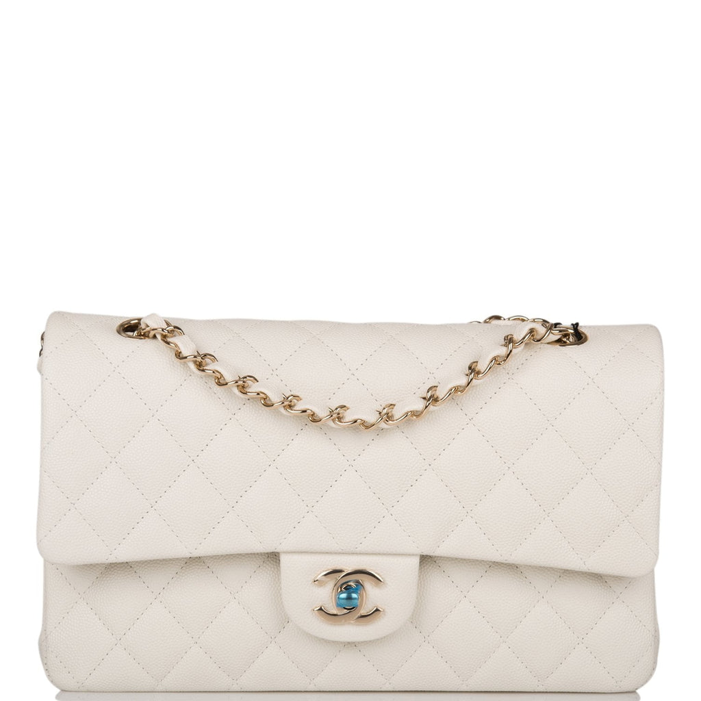 Chanel White Quilted Caviar Medium Classic Double Flap Bag Light Gold Hardware