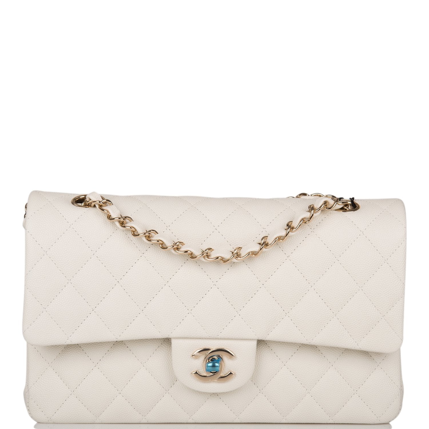 Chanel White Quilted Caviar Medium Classic Double Flap Bag Light Gold Hardware