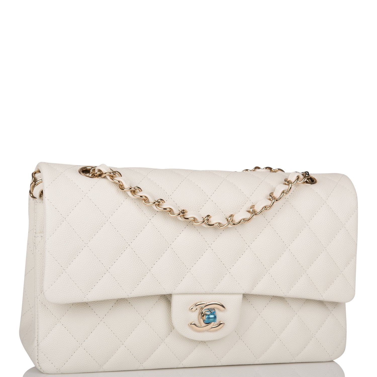 Chanel White Quilted Caviar Medium Classic Double Flap Bag Light Gold Hardware