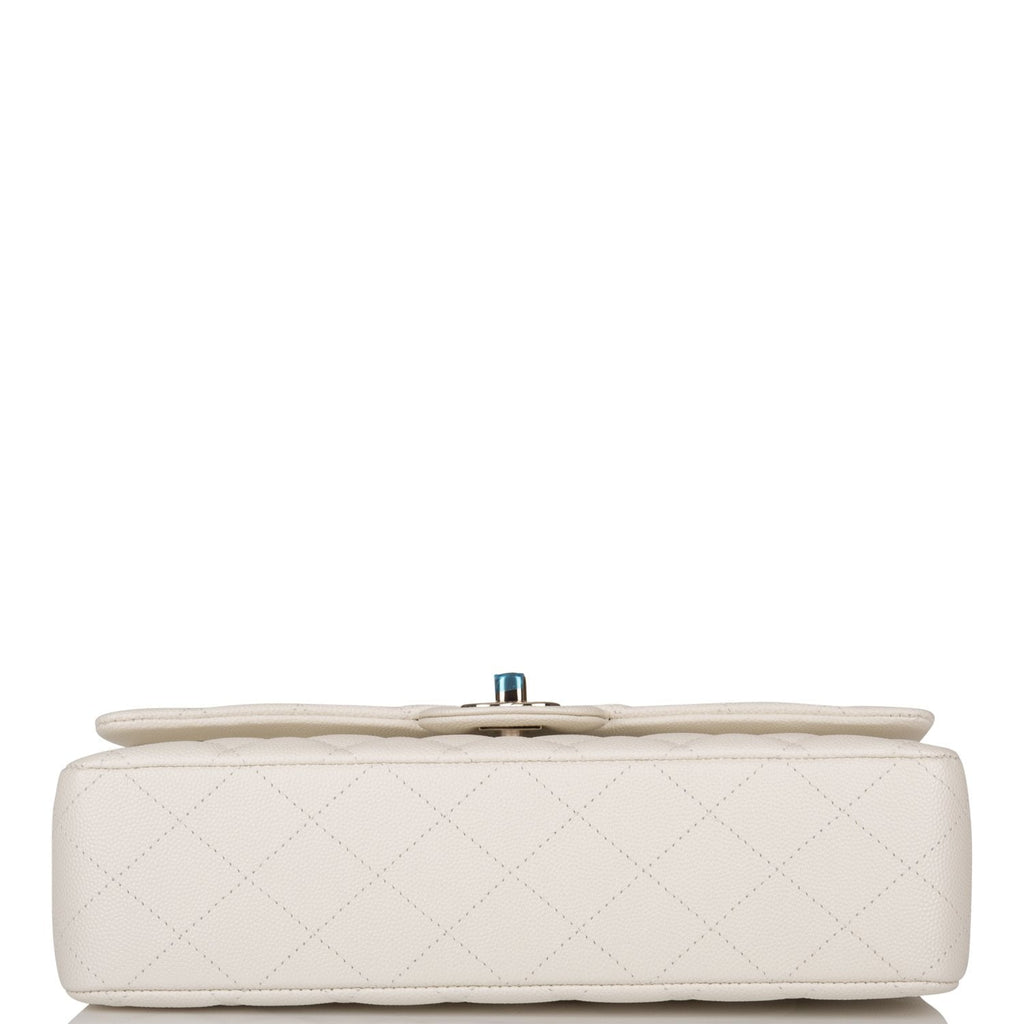 Chanel White Quilted Caviar Medium Classic Double Flap Bag Light Gold Hardware