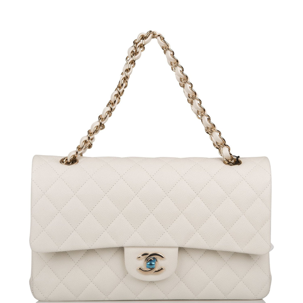 Chanel White Quilted Caviar Medium Classic Double Flap Bag Light Gold Hardware