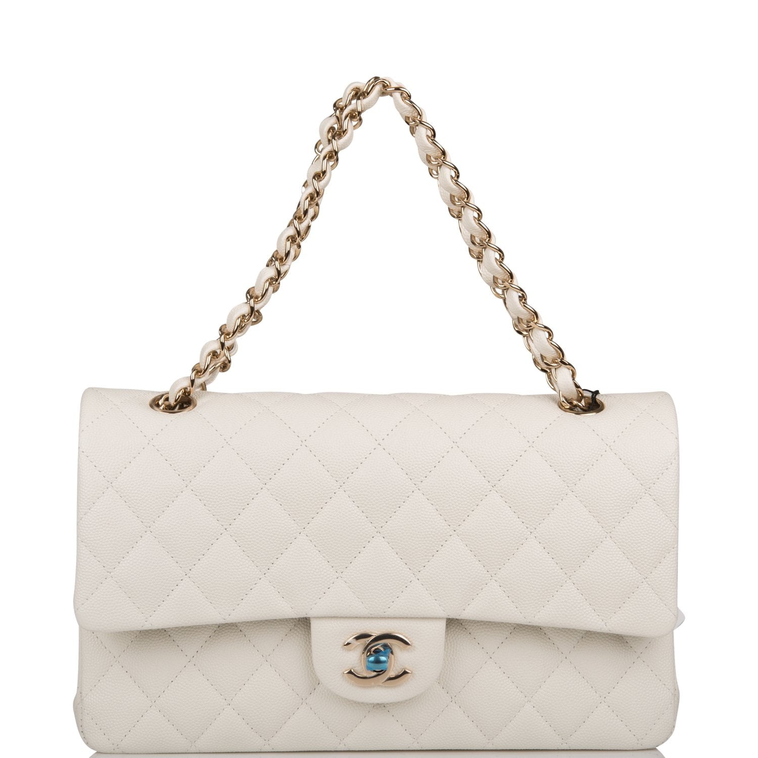 Chanel White Quilted Caviar Medium Classic Double Flap Bag Light Gold Hardware