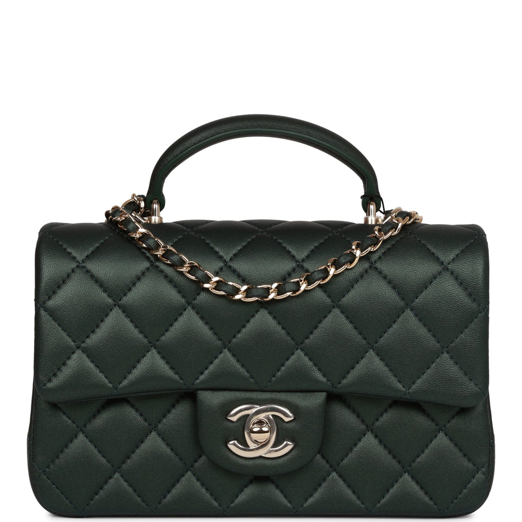 Chanel Mini Rectangular Flap with Top Handle Dark Green Lambskin Light Gold Hardware
